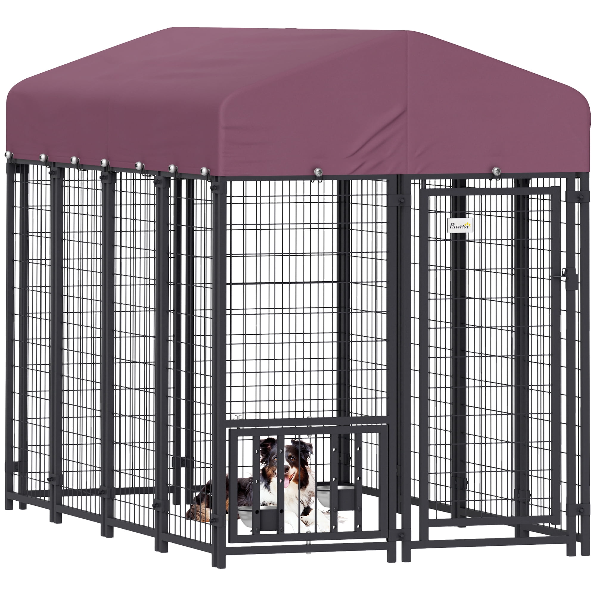 PawHut Outdoor Dog Kennel, Welded Wire Dog Run with 360° Rotating & 4 Levels Adjustable Bowls, Waterproof & UV Resistant Cover, 7.9' x 4' x 6'