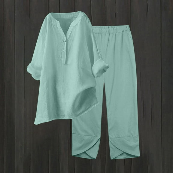 tarylea Cotton Linen Outfits for Women 3/4 Sleeve Notch Neck Button Shirts Irregular Hem Elastic Waist Pants Casual Lightweight Breathable 2 Piece Sets