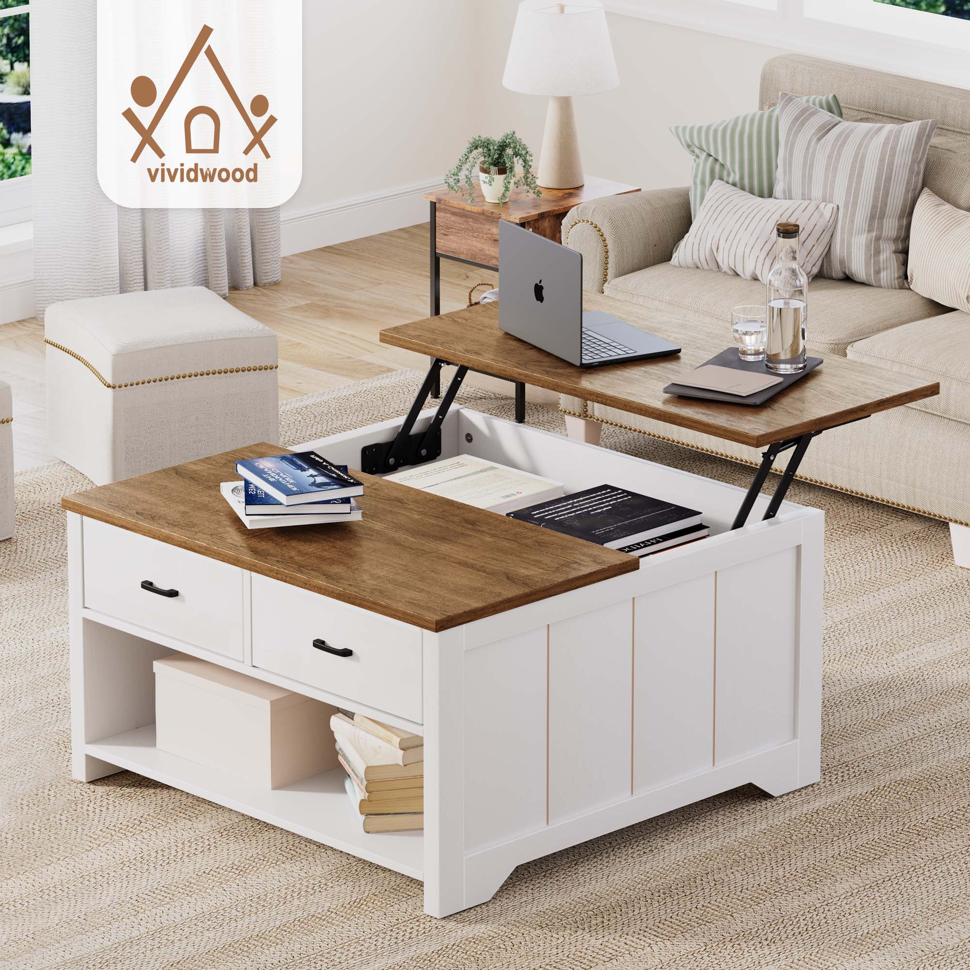 Vividwood Coffee Table Lift Top, Wood Tea Table with Big Open Storage, Square Coffee Table for Living Room, Farmhouse Coffe Tables Rustic Center Table with 2 Drawers, Brown White