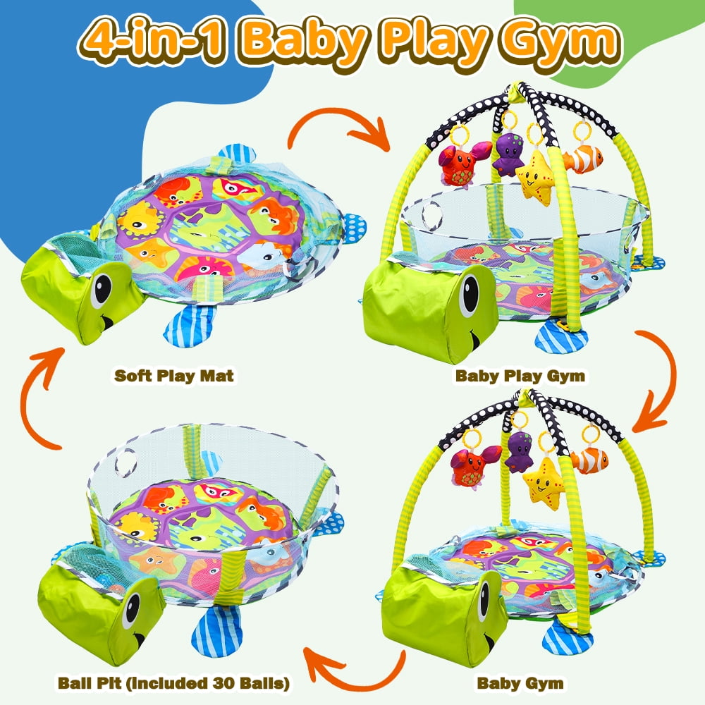 JoyStone 4 in 1 Turtle Baby Play Gym Activity Mat with 30 Balls, 4 Detachable Sound Toys, Baby Sensory Mat for for Toddler Infant, Newborn Gift for Boys and Girls, Green