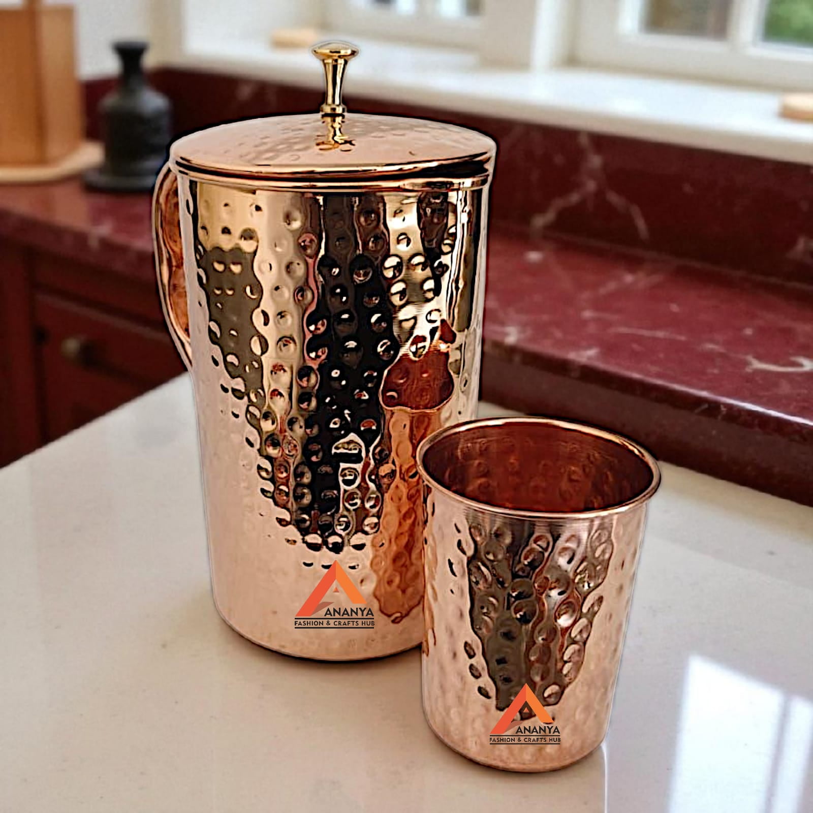 Ananya Fashion and Crafts Hub Pure Copper Water Jug with Brass Knob Top 1.5 Litre (1500 ml) + 1 Tumbler (300 ml) Hammered Ayurveda Health Benefits Pitcher Set of 2