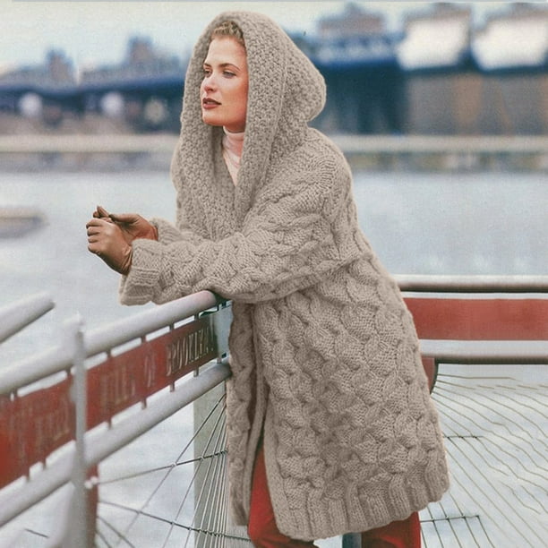 Cárdigan de moda para mujer, suéter de manga larga, sudadera informal con capucha de punto con bolsillo, abrigo de mujer