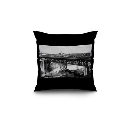 Spokane, Washington - View of Spokane Falls and Bridge (18x18 Spun Polyester Pillow, Black Border)