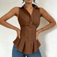 thumbnail image 6 of Women's Trendy Waistcoat Collared Sleeveless Button Down Peplum Shirt Ruched Waist Slim Fit Pleated Hem Vest Blouse Business Casual Outfit Brown, 6 of 8