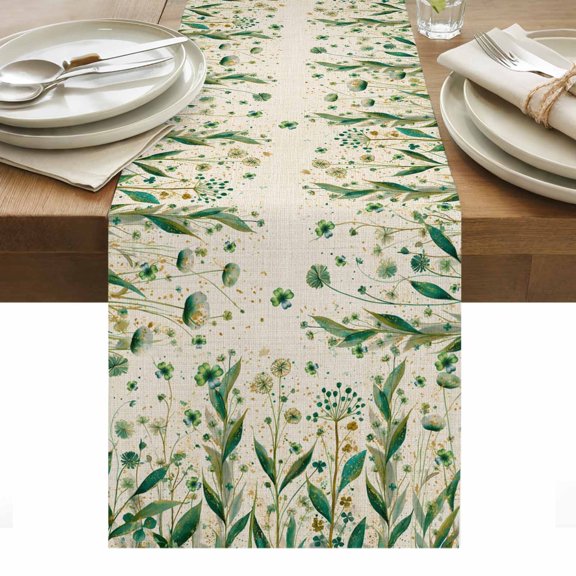 St Patrick's Day Table Runner - 70 Inch Long, Kitchen Dining Table Runner Dresser Scarves, Spring Leaves Green Flowers Plants Beige Farmhouse Decor for Coffee Tables Wedding Party Banquet