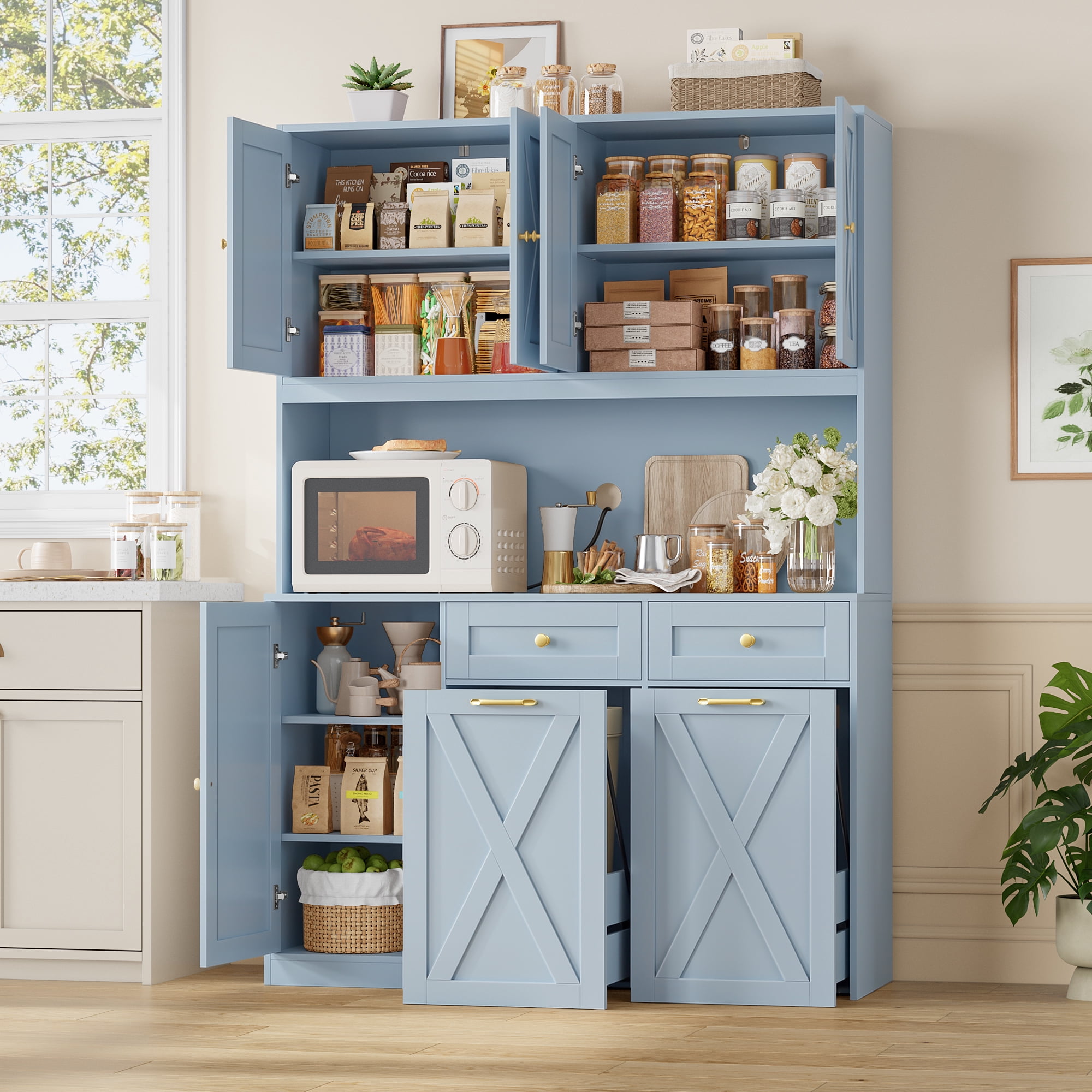 Homfa Kitchen Pantry Cabinet, Trash Can Cabinets Fits 12.5 Gallon Can, 5 Door 2 Drawer Kitchen Storage Cabinet with Hutch, Freestanding Cupboard, Blue