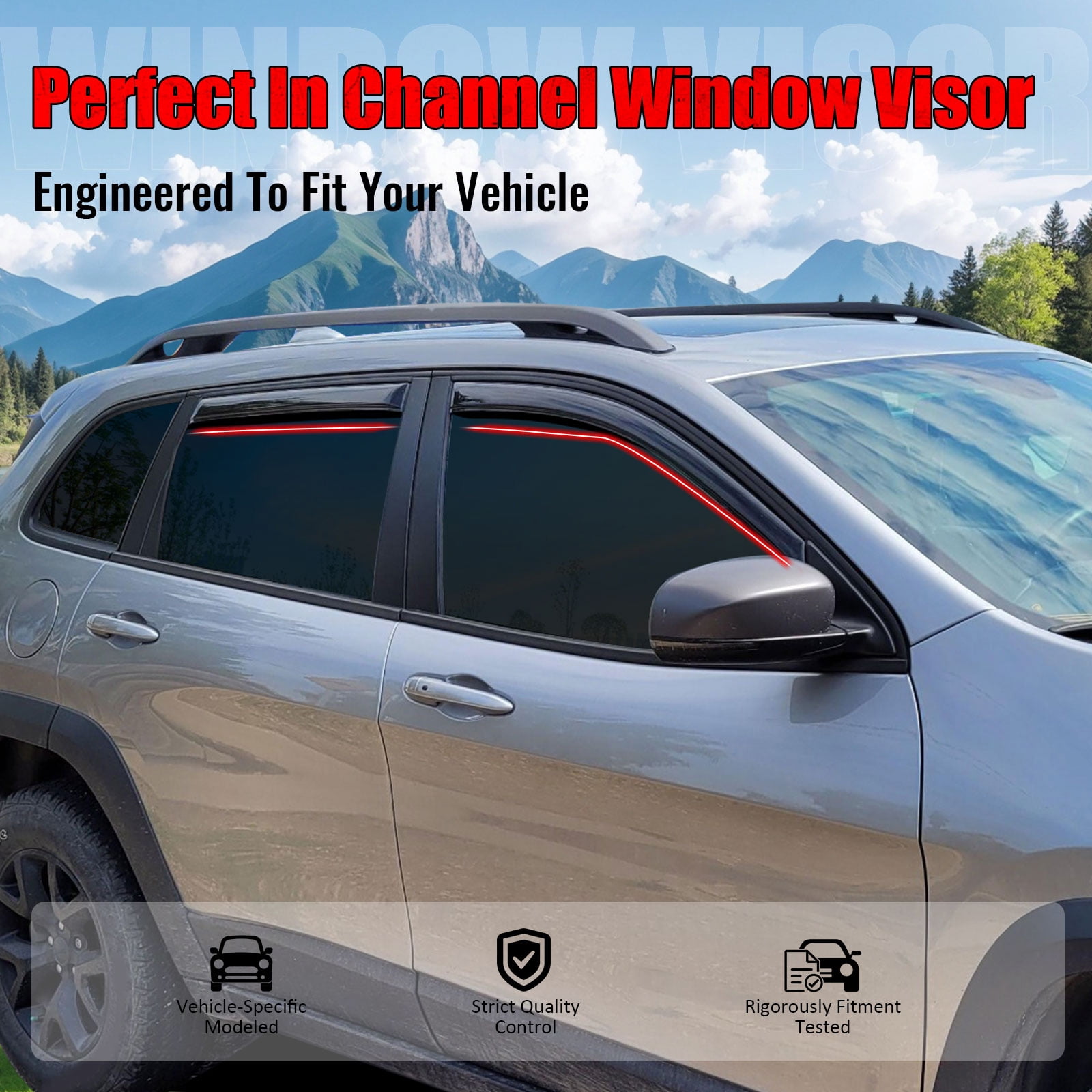 Ikon Motorsports In-Channel Window Visors Fits 2014-2023 Jeep Cherokee, Slim Style Side Door Rain Vent Guard Deflectors, Acrylic Smoke 4PCS