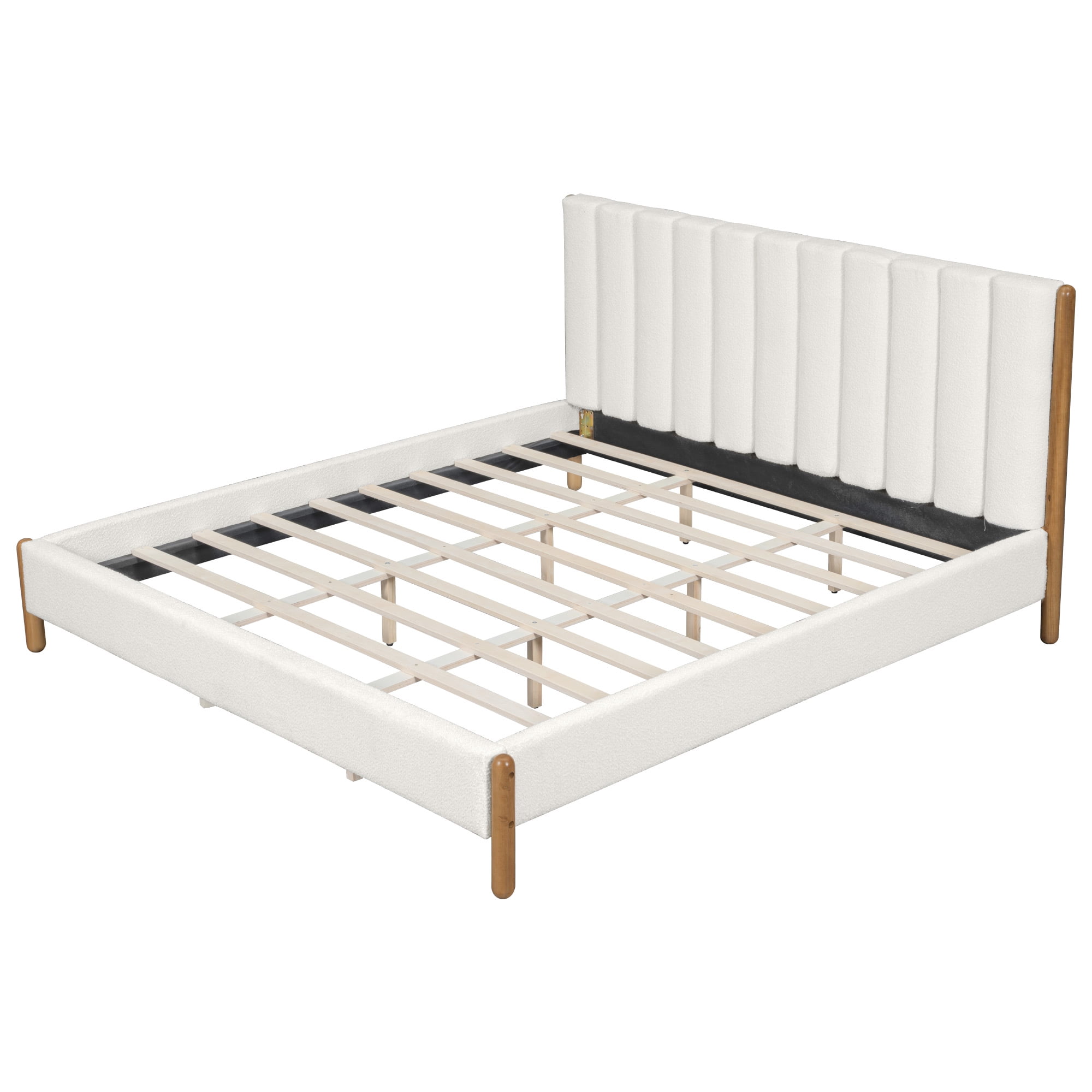 California King Size Bed Frame with Boucle Upholstered Thick Headboard & Solid Wood Legs, Platform Bed for Bedroom, White