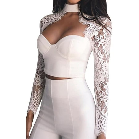 

Women Sexy Floral Lace Hollow Crop Top Zipper Blouse Shirt Bustier Bralette Tops