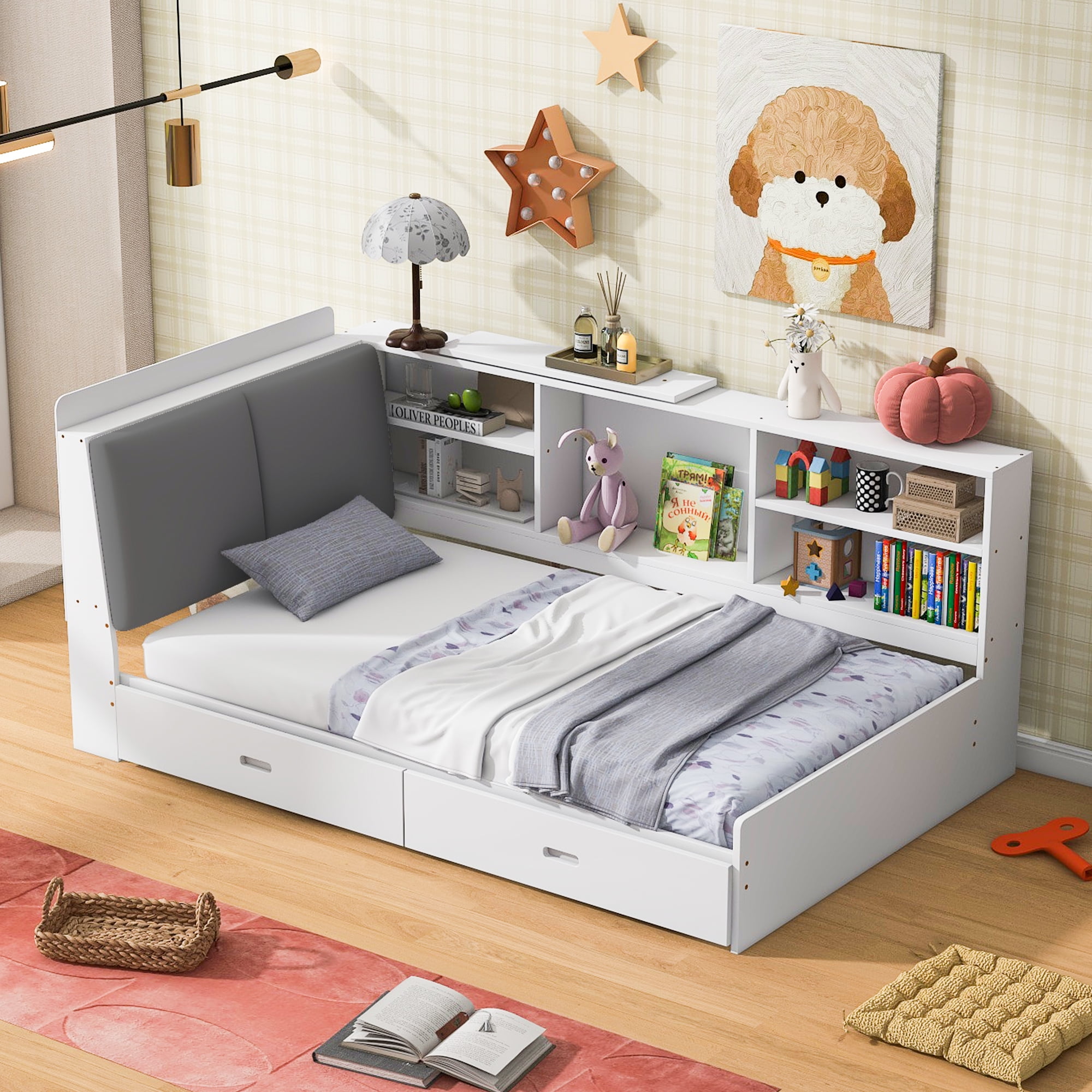 Euroco Wood Twin Size Platform Bed with Storage Headboard and Shelves, 2 Drawers Floor Bed for Kids, White