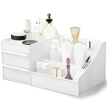 cyrico Makeup Organizer for Vanity, Countertop Skincare Organizers with Drawer, Large Capacity Cosmetic Make Up Storage Organizer for Bathroom Counter Dresser, White