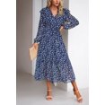 thumbnail image 3 of Floral Print Ruffle Shoulder Long Sleeve Midi Dress for Women Navy X-Large, 3 of 5