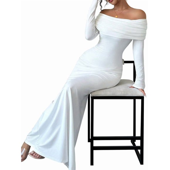 Women'S Long Sleeve Off the Shoulder Bodycon Dress Elegant Maxi Dress Cocktail Prom Dresses White M