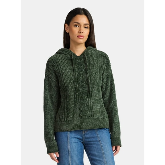 Time and Tru Women's Velveteen Hoodie Pullover Sweater with Long Sleeves, Sizes XS-XXXL