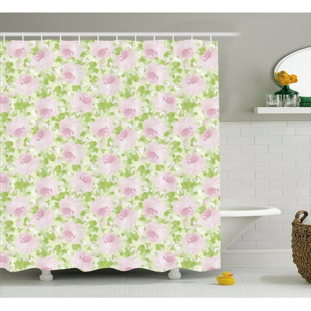 Shabby Chic Bathroom Decor Shabby Chic Decor Shower Curtain, Classical Spring Yard Florescence Pastel Flourish Pattern, Fabric Bathroom Set with Hooks, 69W X 70L Inches, Light Pink Light Green, by Ambesonne ()