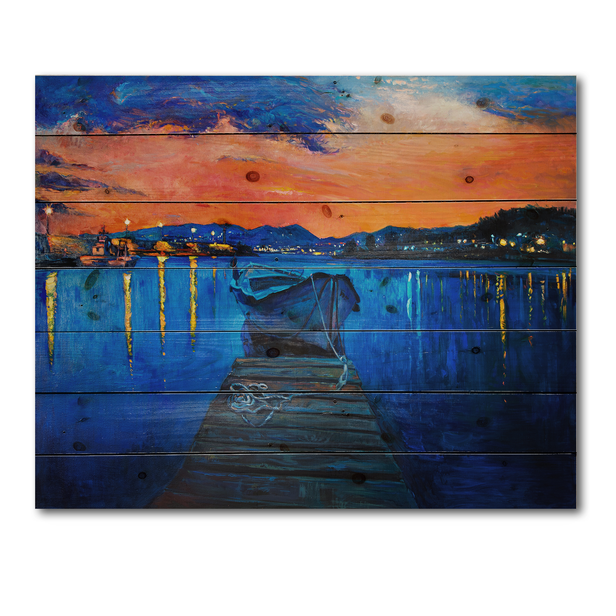 Designart 'Boats During Warm Sunset Resting On The Water III' Nautical & Coastal Print on Natural Pine Wood