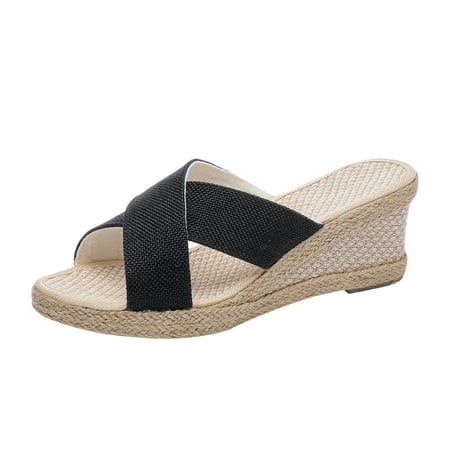 

JeashCHAT Clearance Slip On Slide Sandals for Women Women s High Heels Shoes Linen Straw Sandals Wedges Casual Canvas Dress Slippers (Black)