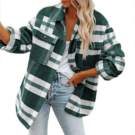 

jsaierl Women s Plaid Shacket Button Down Lapel Wool Blend Fall Flannel Shirt Jacket Coat with Chest Pockets