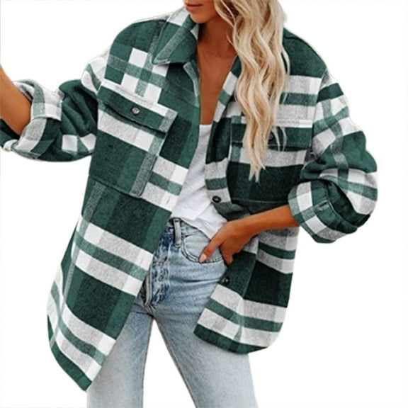 Scyoekwg Shacket Jacket Women Autunm and Winter Trendy Casual Flannel Plaid Long Sleeve Coat Loose Turn-down Collar Woolen Coat with Pockets Green L