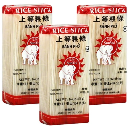 (3 Pack) Bahn Pho Sun Voi Rice Noodles, Medium 3mm, 16 (Best Rice Noodles For Pho)