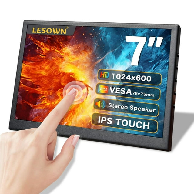 LESOWN Pequeño Monitor Ancho Pantalla Táctil de 7 Pulgadas Pantalla Portátil USB HDMI de 1024x600 IPS con Altavoces para Computadora Pi Frambuesa