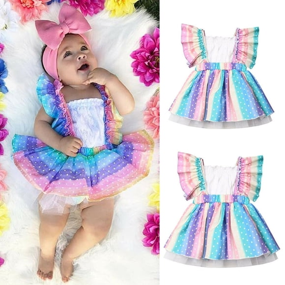 Newborn Baby Girls Rainbow Sleeveless Romper Bodysuit Ruffle Tutu Dress Skirt Clothes Coloful 0-6 Months