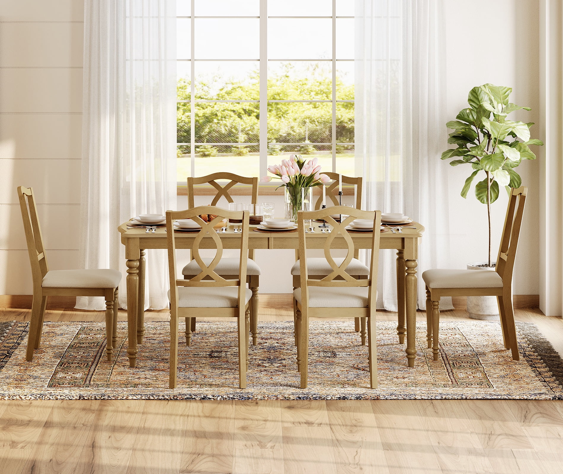 Set of 6 Dining Chairs with Cross-Back & Upholstered Seat, Farmhouse Kitchen Chair with Solid Wood Legs for Dining Room, Oak