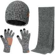 3Pcs Winter Scarf Beanie Hat Gloves Set for Men and Women Thick Knit Skull Cap Warm Touchscreen Gloves Grey