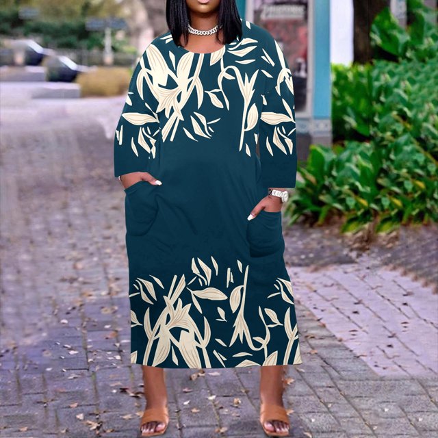 Qiopertar Robe Grande Taille pour Femmes Col Rond Décontractée Robes d'Été avec Poches Manches Longues avec Poches en Solde à Moins de 5$ en Solde