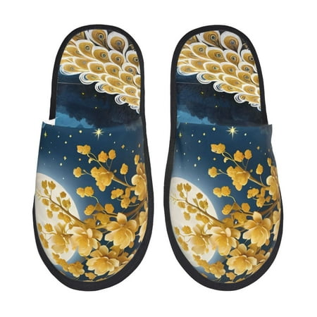 Balery Moonlit Golden Tree Peacock Slient Indoor Furry Fleece Comfort House Shoes Soft Non-Slip Home Shoes Cotton slippers House Slippers-- Medium