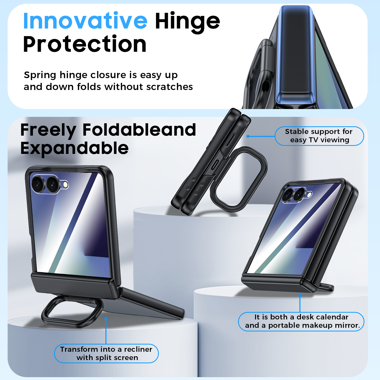 Vizvera for Samsung Galaxy Z Flip 7 Case with Ring Holder & Screen Protector & Hinge Protection,Wireless Charging,Skin Feel Matte PC,Shockproof Phone Case-Black