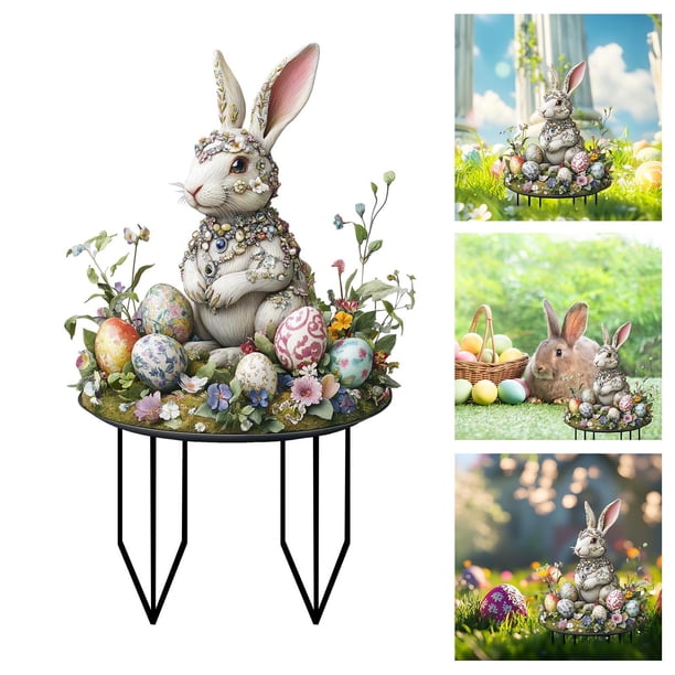 Huevos y conejitos de Pascua de colores insertados en el suelo. Tapón de tierra acrílico.