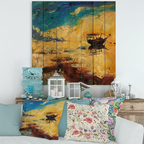 Designart 'Abstract Boat At The Ocean Horizon During Sunset' Nautical & Coastal Print on Natural Pine Wood