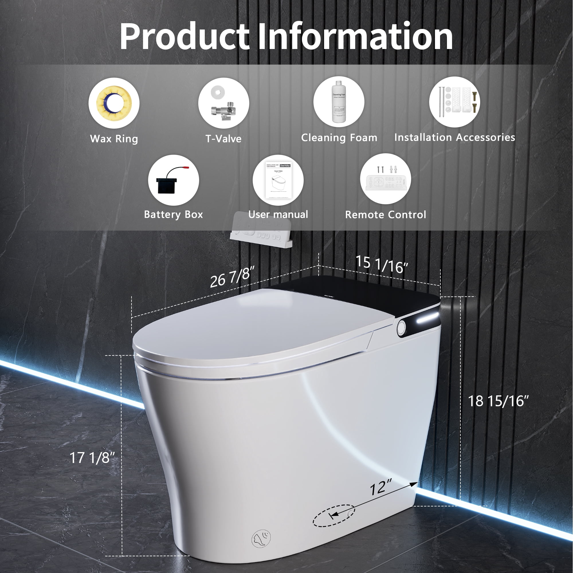 DeerValley Smart Toilet with Bidet, ADA Chair Height Tankless Elongated Toilet, 1.28 GPF, Heated Seat, Warm Water Wash, Auto Flush, Foam Shield, Pump Assisted Flush, Warm Air Dryer, Remote Control