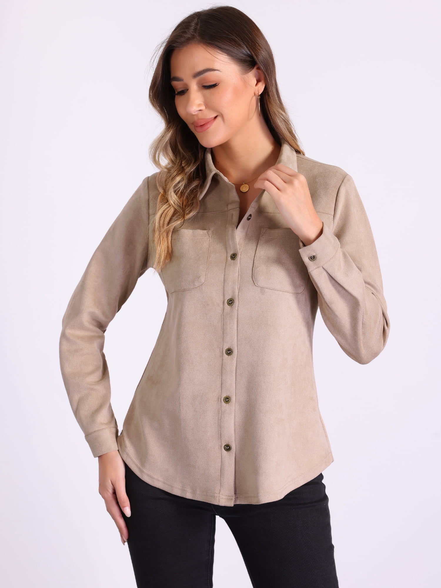DARING DIVA Women's Button Down Long Sleeve Blouse Casual Spring Fall S Beige