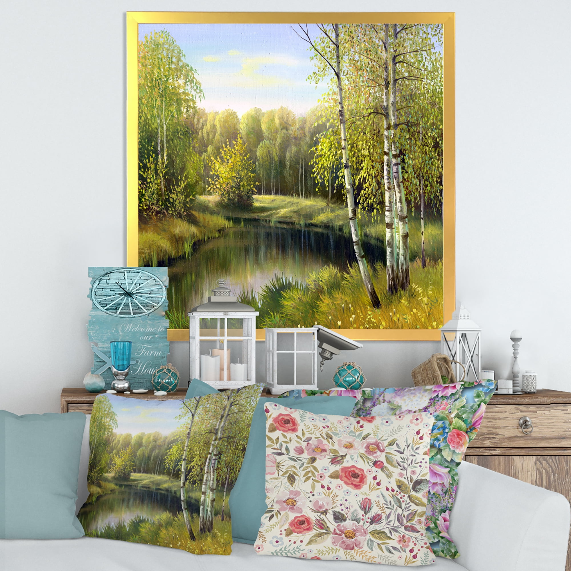 Designart 'The River In Silent Green Nature Through Birches' Traditional Framed Art Print