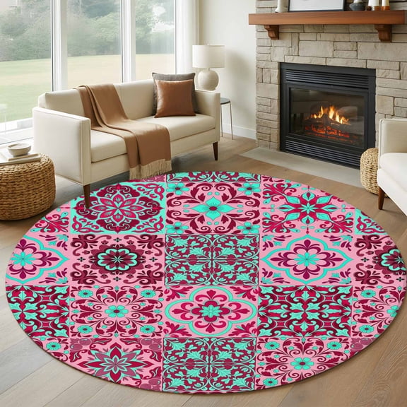 Round Rug 6Ft Washable Non-Slip, Vintage Middle Century Circle Area Rugs for Living Room Bedroom, Abstract Bohemia Style Aztec Pink Indoor Floor Mats Carpet Runner for Home Decor Aesthetic
