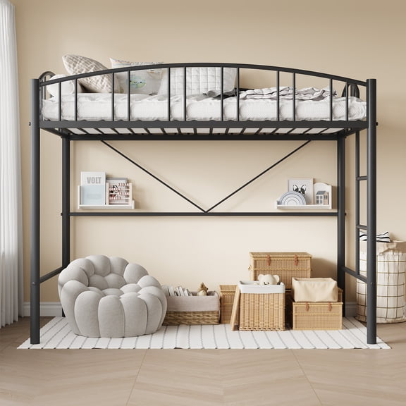 Garvee Modern Space-Saving Twin Metal Loft Bed Frame – Heavy Duty, Arched Guardrail, Safety Ladder, No Box Seasonal Needed – Ideal for Bedrooms – Black, Twin Size