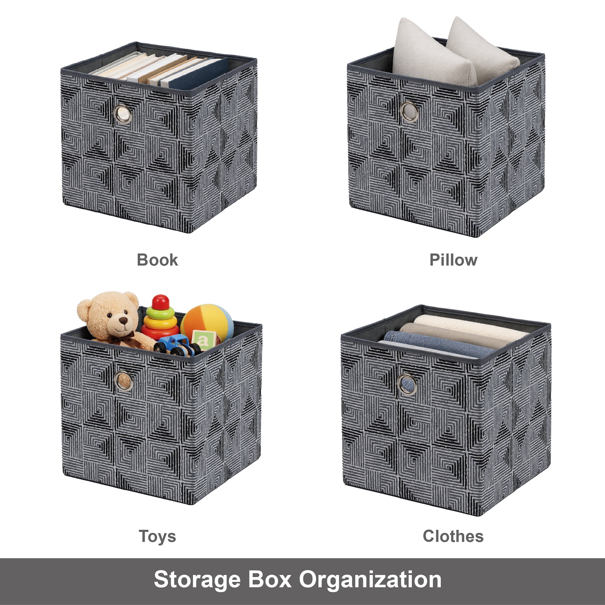 Mainstays Collapsible Fabric Cube Storage Bin, Black/Gray Geometric Pattern, 10.5 x 10.5 x 10.75 Inches