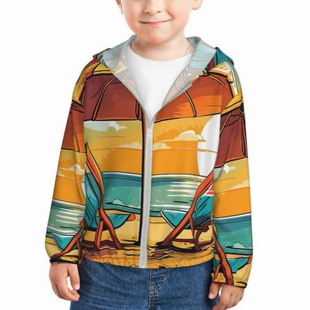 

Qekee Vintage Beach Sunset Print UPF 50+ Kids Sun-Protective Hooded Long Sleeve Rash Guard for Fishing Water Beach Sports -18 Months