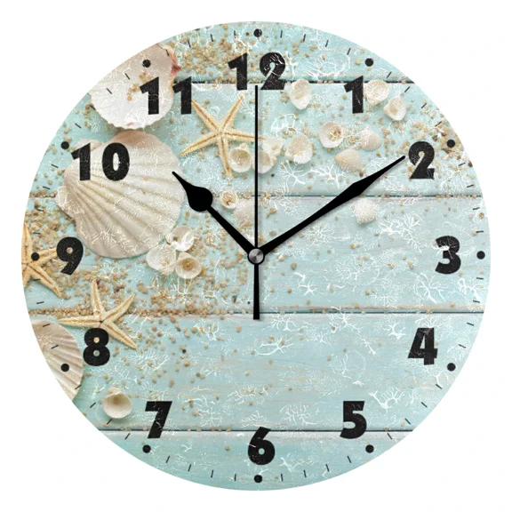 Marine Seashells On Sand Round Wall Clock Silent Non-Ticking Quiet Desk Clock Battery Operated For Living Room Bedroom Decor（10 Inch）