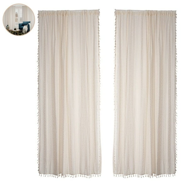 2 Panels Boho Sheer Curtains, 86.6in Macrame Crochet Lace Curtains, Vintage Window Curtain Panels with Tassel, Rod Pocket Drapes for Living Room, Bedroom, Doorway