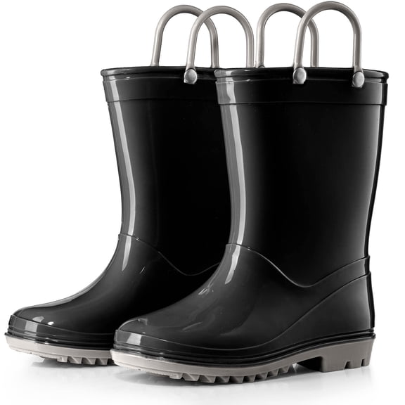 Puddle Play Toddler and Kids PVC Rain Boots with Easy On Handles - Boys and Girls Black, Grey - Size 5 Toddler