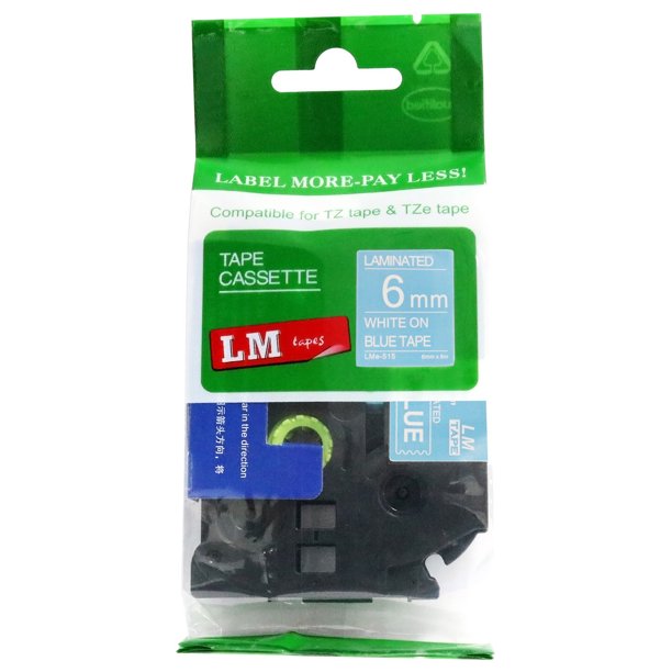 LM Tapes replacement for Brother PT-1280 Label Maker 6mm White on Blue  Compatible TZe P-touch Tape (1/4