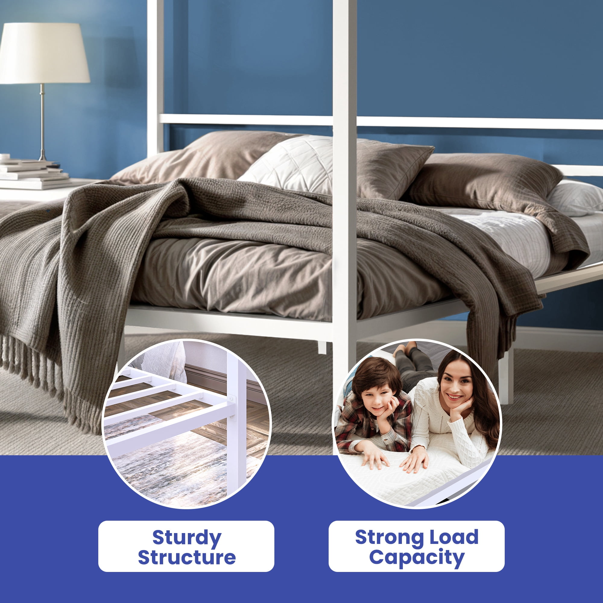 ModFusion – King Size 14 Inch Canopy Bed Frame , Build in Headboard and Strong Metal Slat and No Box Spring Required , White