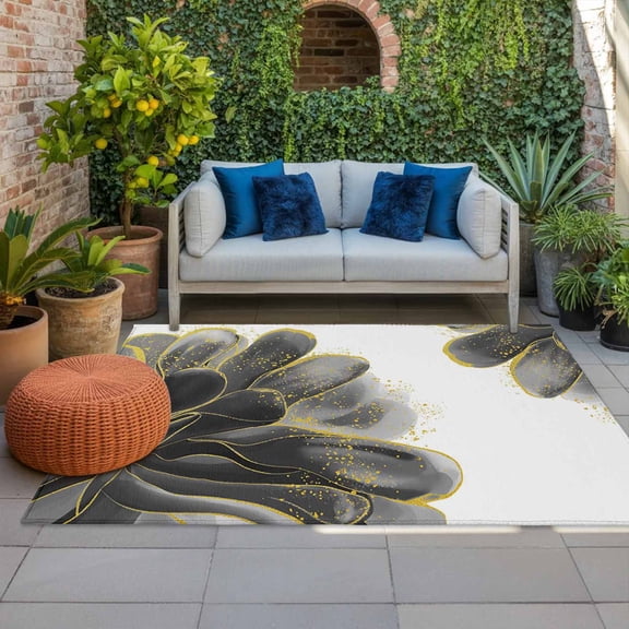 Outdoor Rug 3x5 ft Black Watercolor Floral Outdoor Large Area Rug Non Slip Rubber Golden Lines Front Door Mat RV Rug Camping Carpet Patio Outdoor Rugs for Backyard Balcony Deck Porch Indoor