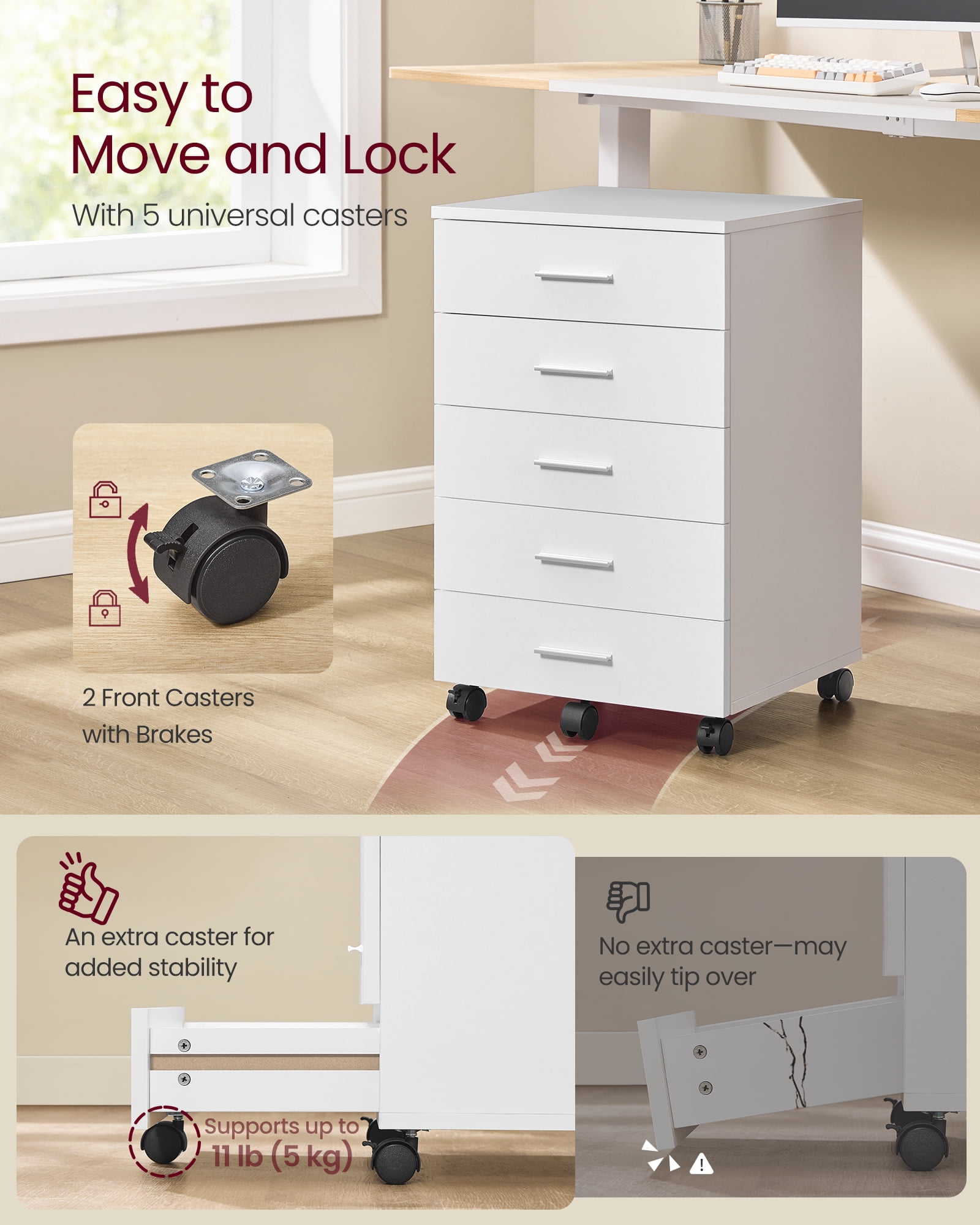 Mobile 5-Drawer File Cabinet - Tool-Free Assembly, Locking Wheels, Printer Stand for Home Office, Cloud White
