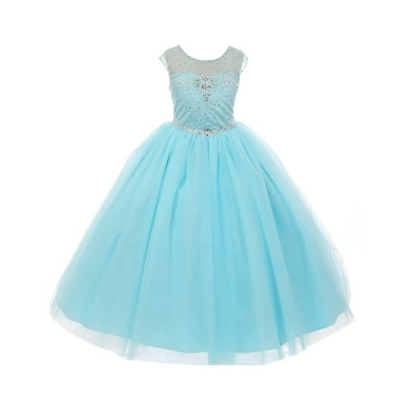 - Rain Kids Little Girls Aqua Illusion Sequin Rhinestone Tulle Pageant Dress