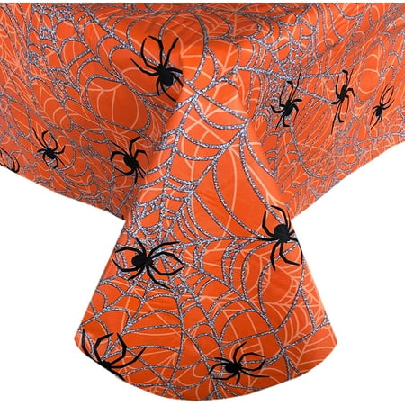

Newbridge Scary Spiders Web Halloween Vinyl Flannel Backed Tablecloth - Spooky Silver Orange and Black Spiders Web Halloween Tablecloth Easy Care Wipe Clean 60 in x 102 in Oblong/Recta