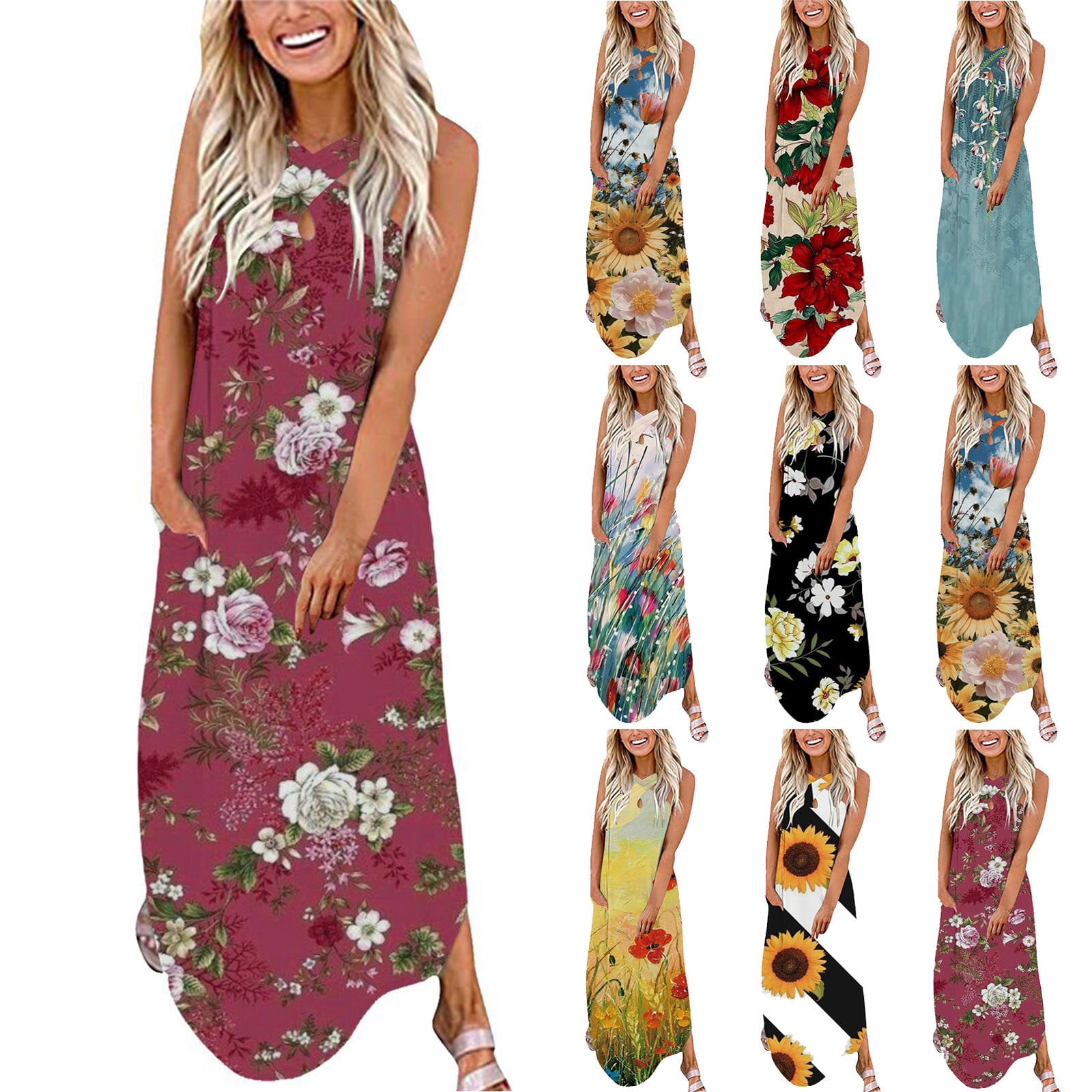 Maxi Dress for Women, Women's Casual Loose Sleeveless Beach Dress Vacation  Dresses Slit Side Summer Maxi Sun Dresses Prime Days Items Under 15 Dollars